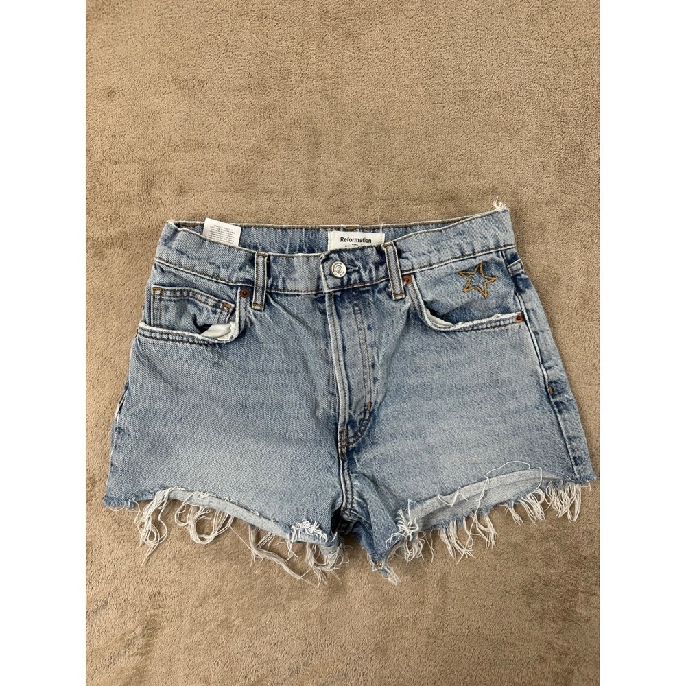 Reformation Charlie High Rise Jean Shorts Womens 26 Blue Star Embroider‎ Frayed
